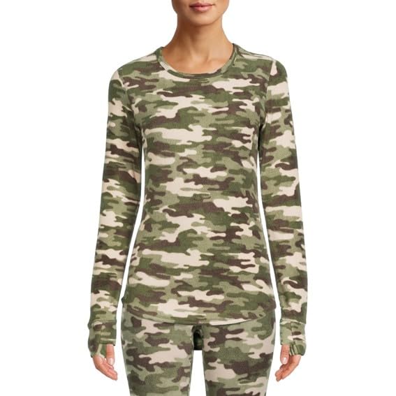 Cuddl Duds ClimateRight Long Sleeve Crew Stretch Fleece, Olive Camo, Small
