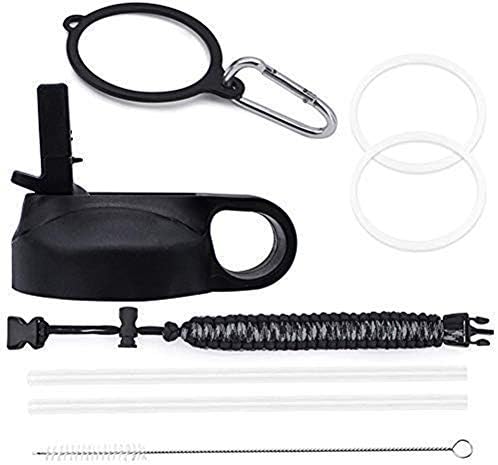 WINFOR Straw Lid Cover Cap Accessories Kit Set Compatible for Hydro Flask Wide Mouth Sport Bottle 12oz to 64oz with Paracord Handle /2 Straw/ 1 Brushes/Alloy Carabiner/Safety Ring,BPA Free (Black)