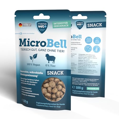 Marsavet MicroBell Snack – Vegan hondensnacks met microbieel eiwit – 100 g. Hypoallergene hondensnoepjes, graanvrij & glutenvrij. Gezonde snacks voor honden met een gevoelige maag