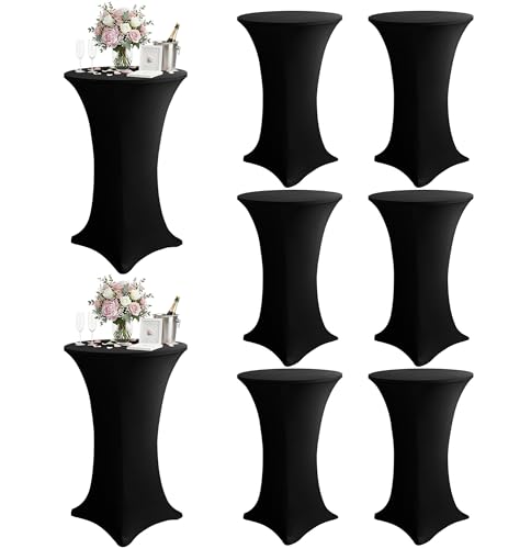 KeyWave Cocktail High Top Table Covers - 32x43 Inch Fitted Spandex Round Cocktail Tablecloth for Bar Height Standing Table Cloths Reusable for Party Wedding Banquet Event Decorations Black 8 Pack