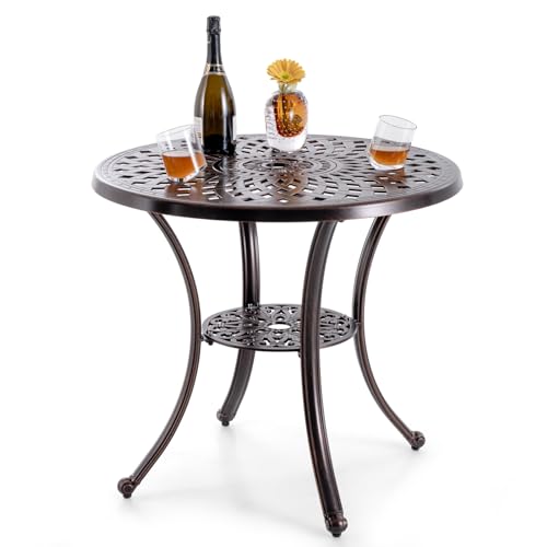 Image of Giantex 31 inch Patio Bistro Table, Cast Aluminum Outdoor Side Table with Umbrella Hole & Bottom Shelf, Appealing All-Weather Round Dining Table for Yard, Porch, Garden