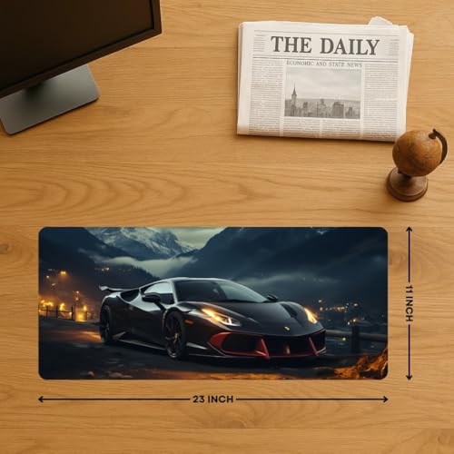 Image of Moto Edition Desk Mat 23x11 Inch - Racing-Themed Keyboard & Mouse Pad for Office, Home & Gaming | Non-Slip Rubber Base, Waterproof Surface, Supercar & Bike Inspired Table Mat (Night Drive)