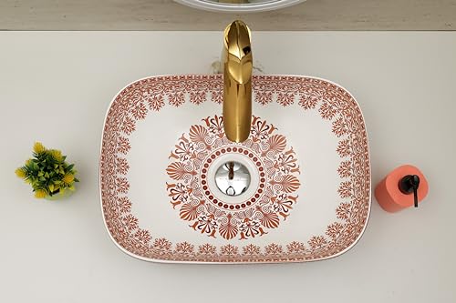 Image of Moroccan Design Ceramic Tabletop Wash Basin | Countertop Vessel Sink | Wash Basin over counter For Bathroom Hotel Home (18x13x5.5 Inch) (TORO 4014) (Moroccan Design 104)