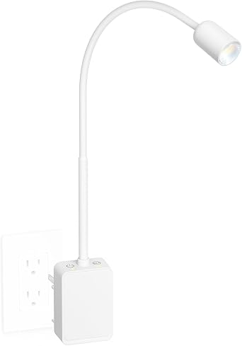 Plug in Dimmable LED Wall Reading Night Light for Books in Bed, Flexible White Wall Sconce Lamp with Power Plug for Bedroom Kitchen, 3 Lighting Color Modes, 50 Spot Light Angle