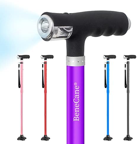 BeneCane Walking Cane for Women Folding Cane for Men with Two Led Lights Quad Cane with Stable Base Lightweight and Adjustable Walking Stick.