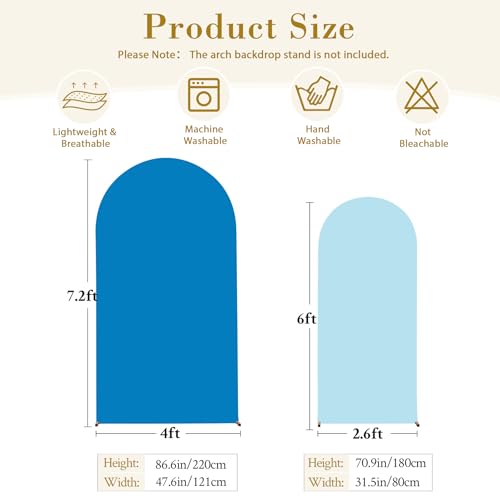 Image of Baby Blue and Royal Blue Arch Cover 2 Set-7.2FT and 6FT Arch Backdrop Cover Spandex Fitted Wedding Arch Stand Covers for Baby Shower Boy Birthday Party Gender Reveal Photo Background Decorations