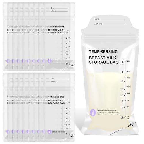 90 bolsas de almacenamiento de leche materna de 8 onzas/250 ml, bolsas de almacenamiento de leche con detección de temperatura, sin BPA, bolsa de almacenamiento de leche materna de doble sellado con