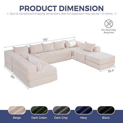Image of MAXYOYO Modular Sectional Sofa Couch, Foldable Oversized U Shaped Cloud Couch with Pillows, Tufted Boneless Lounger Floor Sofa Bed for Living Room, No Assembly Required, Beige