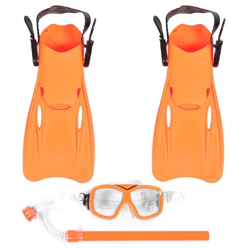 DOITOOL Ensemble Masque et Tuba pour Garçon et Filles 3 Pièces Orange Taille 35-39, Palmes Courtes Légères en Plastique Solide, Équipement de Plongée sous-Marine Portable pour Natation