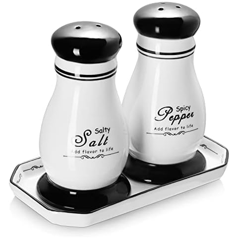 ZONESUM Salt and Pepper Shakers, Farmhouse Décor for Home, Kitchen and Dining - Porcelain Cute Salt & Pepper Bowls Set of 2 with Tray - With Silicone Stopper - 5 oz each Cover