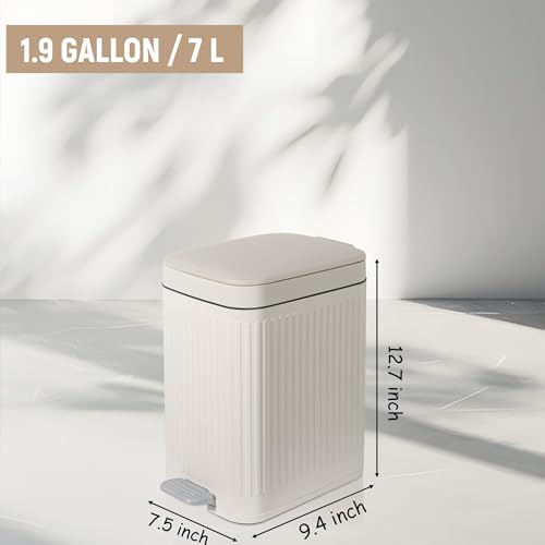 Image of rejomiik Small Bathroom Trash Can with Lid Slim Soft Close Garbage Can Step Wastebasket Container Trash Bin for Office Bedroom Kitchen Living Room (1.9 Gallon Cream)