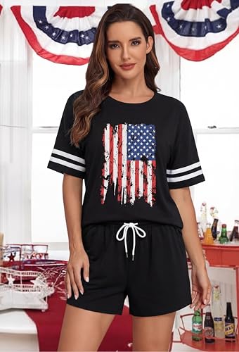 Image of VILOVE 4th of July 2 Piece Sequin Outfits Women 250 Anniversary Usa Shirts and Short Sets Casual Patriotic Shirt Summer Set