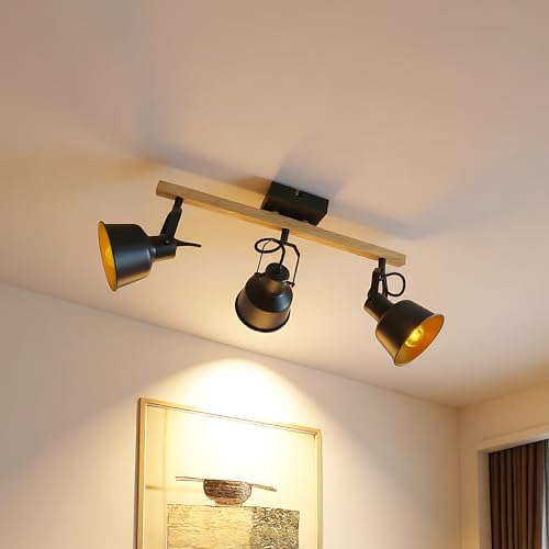 Deckenstrahler 3 Flammig, Schwenkbar 350°, Vintage Deckenlampe LED Deckenleuchte, E14 Fassung Industrial Holzmaserung Spotbalken für Küche, Wohnzimmer, Schlafzimmer, Schwarz (Ohne Leuchtmittel)
