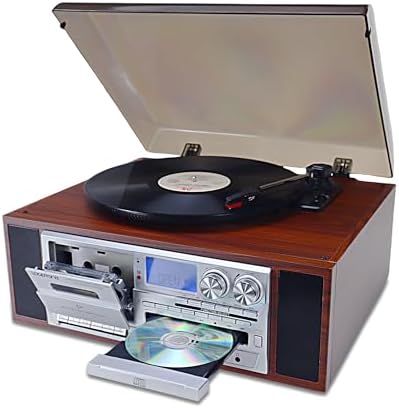 10 in 1 Vinyl Record Player 3 Speed Bluetooth Vintage Automatic Turntable CD Cassette Player AM/FM Radio USB Recorder Aux-in RCA Line-Out (Silver)