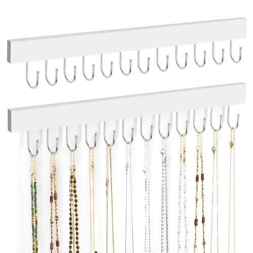 ZEDODIER 2 Pack Necklace Organizer Wall Mount Wooden Jewelry Hanger Necklace Holder with 24 Hooks Hanging Jewelry Organizer White