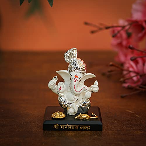 Image of Resin Ganesha Statue - Premium Ganpati Idol Decorative Showpiece Murti for Pooja Temple Home Entrance Decor Diwali Gift White Silver (2.5X2X3 Inch)