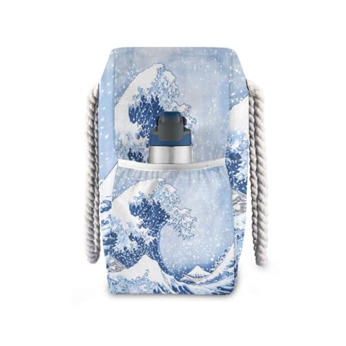 Sea Waves Beach Bag & Travel Tote Bag Large Sandproof with Zipper Closure, Wet Pouch for Swim Gym Travel, Lightweight Foldable Outdoor Bag3