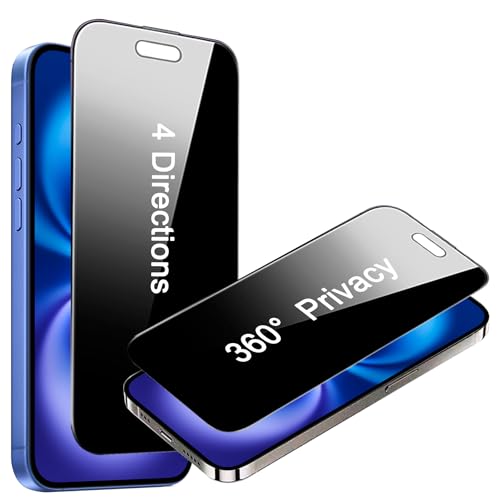 SOOPUR 2 Pack 4 Way 360 Degree Privacy Screen Protector for iPhone 16 Plus-iPhone 15 Plus 6.7 Inches, 4 Directions Horizontal and Vertical All Around Anti Spy Tempered Glass Film, Face ID Sensitive