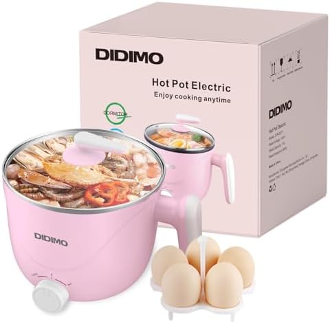 Hot Pot Electric, 1.5L Pink Portable Ramen Cooker with Over-Heating/Boil Dry Protection, Mini Hot Pot for Ramen, Egg, Pasta, Dumpling, Soup, Porridge, Oatmeal (Pink)