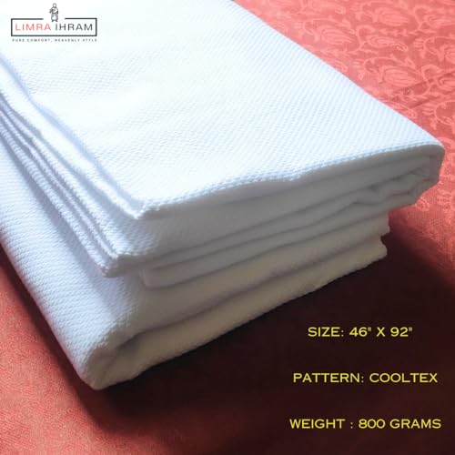 Image of LIMRA Premium Men's White Cotton Ihram Set for Hajj and Umrah | 2-Piece Quality Cloth | Free Size 46 inch X 92 inch - Divine Comfort! (Cooltex)