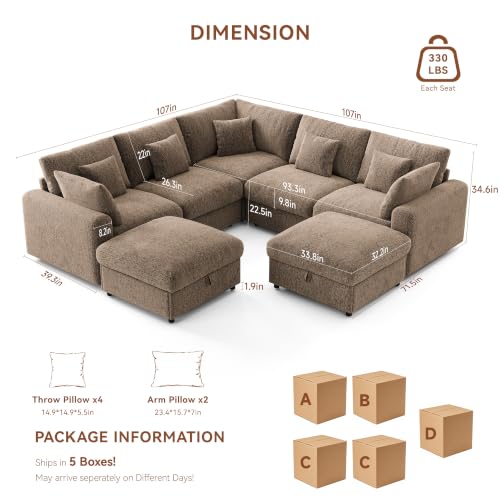Image of Ihanherry Oversized Cloud Sectional Couches for Living Room, Modular Sectional Sofa with Wide Deep Seat, Coner Couch with Throw Pillow and Storage Ottoman, Brown