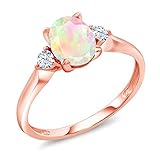 Gem Stone King 0.90 Ct Oval White Ethiopian Opal White Created Sapphire 10K Rose Gold Ring (Size 8)