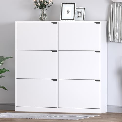 Image of BORNOON Shoe Cabinet with 6 Flip Drawers, Slim Narrow Shoe Storage Cabinet, Freestanding Shoe Organizer for Entryway, Hallway, Foyer