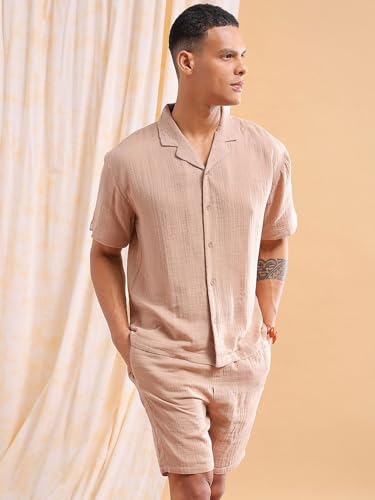 Image of The Indian Garage Co Men Regular Fit Solid Resort Wear Shirt & Boxers Co-ords Set