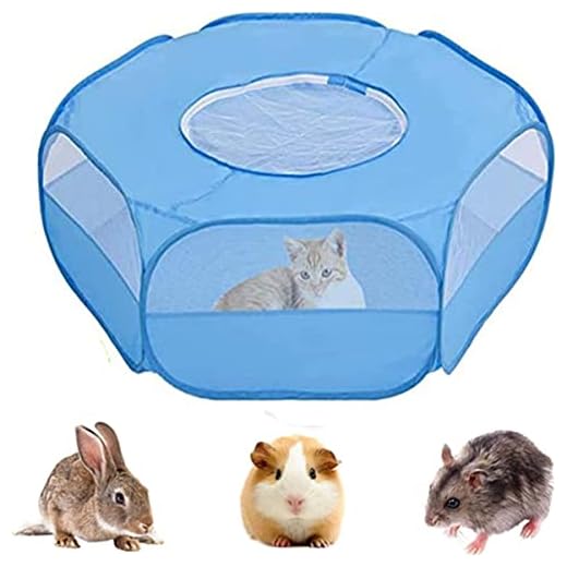 Small Animal Playpen,Portable Small Animal Cage Tent Breathable Pet Playpen Cage Tent Pop-Up Outdoor&Indoor Exercise Fence for Hamster Guinea Pig Rabbit Puppy Hedgehog (Blue with Cover)