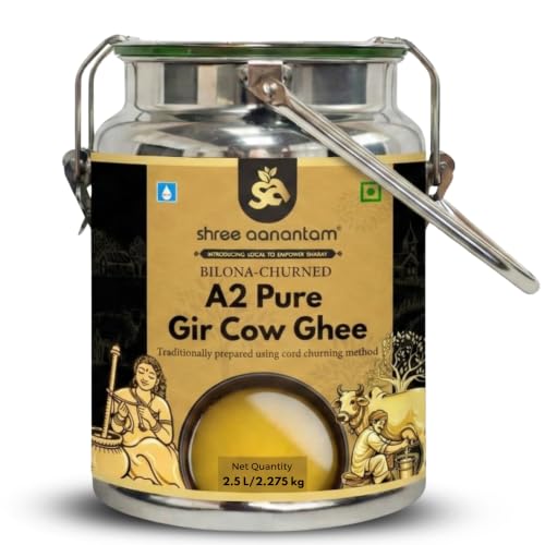 Image of Shree Aanantam A2 Gir Cow Desi Ghee | Made with Vedic Bilona Method | Hand churned | Pure, Healthy and Natural | Grass Fed Cows | Glass Jar (Ghee Dolchi 2.5L)