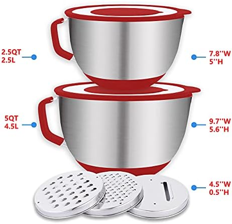 HAPPY KIT 18/8 Mixing Bowls with Lids Set of 2,Stainless Steel Mixing Bowl with Pour Spout, Non-slip Handle and Bottoms, 3 Grater Attachments, Measurement Marks & Lid, Size 5, 3QT(Red) - Thumbnail 4
