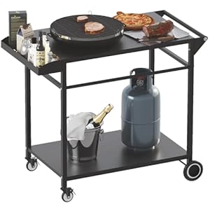 Koutemie Outdoor Grill Cart Table with 4 Wheels for Blackstone 17″ or 22″, Movable BBQ Food Prep Table Top, Double-Shelf Metal Pizza Oven Worktable with Spice Tray for Patio, Backyard, Black