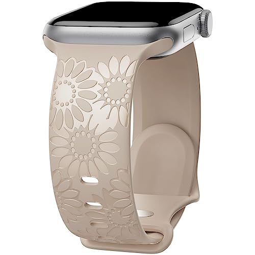 Image of Sunflower Engraved Band Compatible with Apple Watch Bands 38mm 40mm 41mm 42mm 44mm 45mm 49mm Women, Designer Soft Glossy Floral Silicone Strap for iWatch Series Ultra 11 10 9 8 7 6 SE 5 4 3 2 1