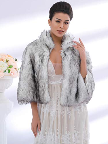 Aukmla Faux Fur Wrap Bridal Stole Wedding Fur Shrug Winter Cape with Rhinestones Brooch 7