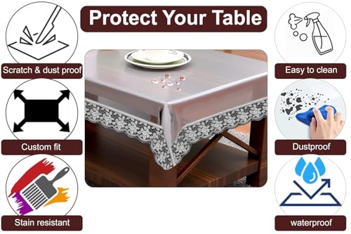 Image of The Furnishing Tree Rectangle Shaped 2 Seater Transparent Table Cover WxL 45x70 inches 0.25 mm Thickness with Silver Lace