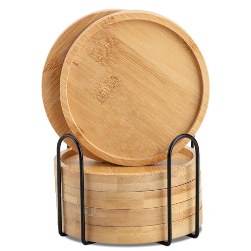 Bambus Untersetzer rund für Gläser 6er Set, Glasuntersetzer Holz mit Halter für Getränke, Bar, Tassen, Glas - Tischuntersetzer Tassenuntersetzer Deko Geschenke, 11x11 cm