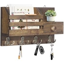 Key Holder Wall Mount, Wooden Adhesive Mail and Key Organizer with Drawer, Small Shelf, 8 Hooks, 2 Installation Methods, Brown