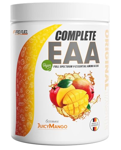 EAA Pulver 500g JUICY MANGO - 12.500mg essentielle Aminosäuren, unglaublich lecker & erfrischend - COMPLETE EAA mit allen 9 EAAs inkl. Histidin - EAA vegan Aminosäuren Pulver - Amino Workout Drink