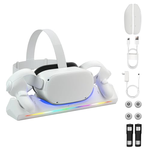 Charging Dock for Oculus/Meta Quest 2, Magnetic Charging Station for Meta Quest 2 VR Headset & Controllers, with 2 Rechargeable 2100mAh Batteries, USB-C Charger and Cable, Supports LED Indicator