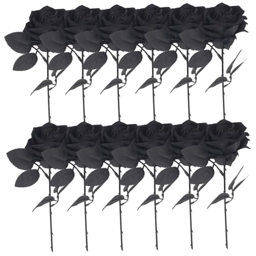 12 Piezas Rosas Negras Flores Artificiales 20 Pulgadas de Seda Larga Halloween Rosas góticas para la decoración de la Fiesta de Bodas en el hogar, Flores Negras
