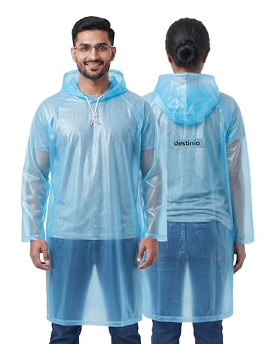 Image of Destinio Poncho for Men, Poncho for Women-Thick Waterproof PVC, Rain Coat, Reusable - Transparent Pocket Raincoat with Hood, Full Cover for Bag in Travel, Trekking, Bike Riders