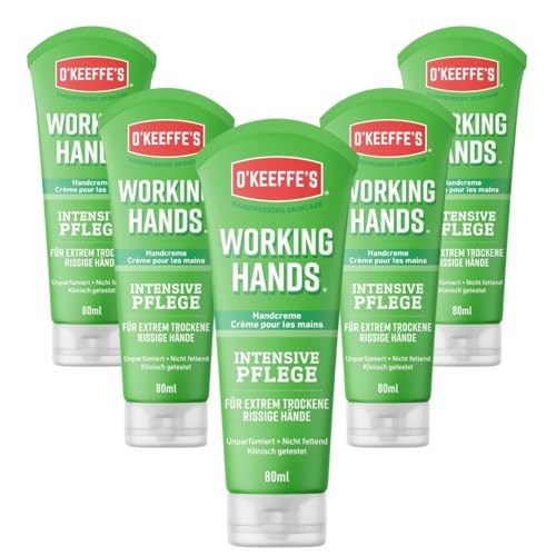 OKeeffes Working Hands 80 ml Tube 5 Pack - Hand Cream for Extremely Dry Cracked Hands Instantly Increases Moisture Content Forms a Protective Layer and Prevents Moisture Loss