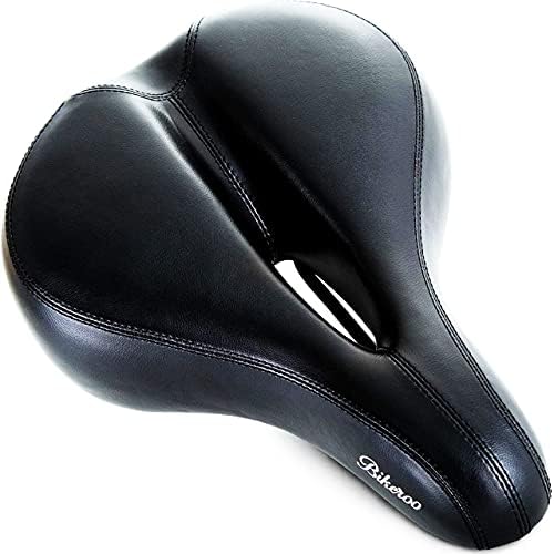 Bikeroo Comfort Saddle for Women & Men - Universal Fit Indoor & Outdoor Bicycles - Center Cutaway for Weight Distribution, Prostate Pressure Relief - Memory Foam - Black