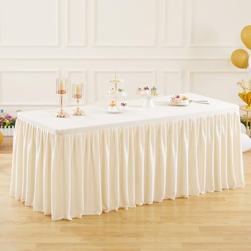 Ivory Polyester Table Clothes for 6 Foot Rectangle Tables, Wrinkle Free Fitted Table Cover with Pleated Ruffle Table Skirt for Party Baby Shower Wedding Birthday Event Display
