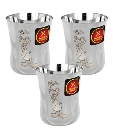 Image of TANISHI KITCHEN'S Stainless Steel Cartoon Glasses for Kids | Donald Duck | 3 Pcs (Small) Drinking Glass Set - 100 ml Each | Safe, Unbreakable Tumblers for Milk, Water & Juice
