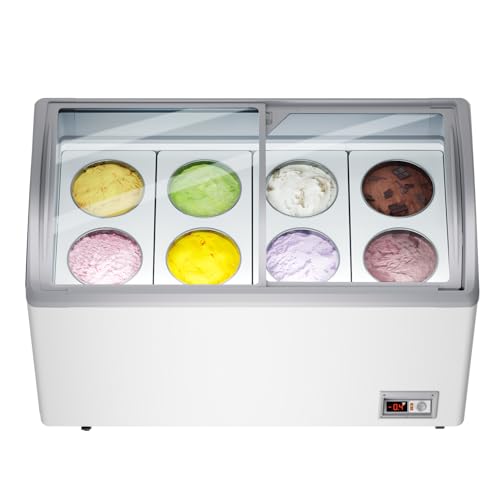 ECEVT Commercial Ice Cream Freezer, 13 Cu.Ft Ice Cream Dipping Cabinet Chest Freezer with Sliding Glass Top, 51'' IceCream Fridge with 8 * 3 Gallon Tubs, Rolling Wheels & Lockable Brakes for Business