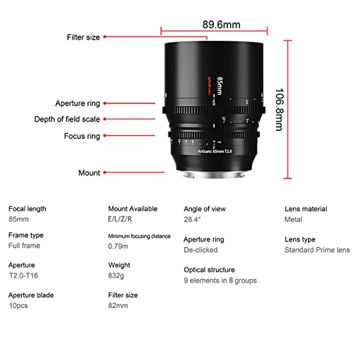 Ficha técnica Lente Cine 85 mm T2.0 Marco Completo Enfoque Manual Compatible Cámara Sin Espejo Sigma FP Panasonic S1 S1H S5 Leica SL SL2 Montaje en L - Fernando Cortés