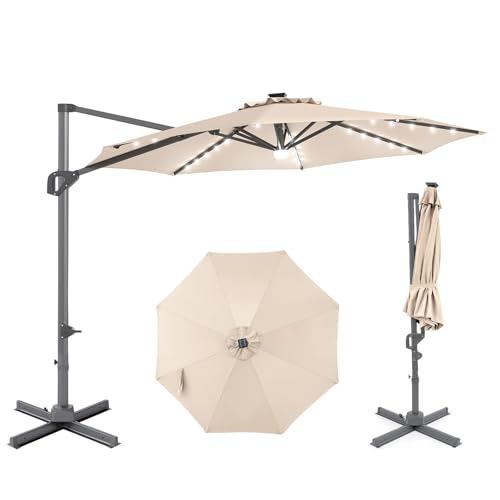 RELAX4LIFE 10 FT Cantilever Patio Umbrella w/ Solar LED Lights, Large Offset Hanging Umbrella w/ 360° Rotation, Easy Tilt & Sturdy Ribs, Air Vent, Heavy-Duty Outdoor Sun Shade for Yard Pool Garden Deck (Beige)