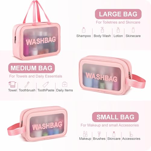 Image of FLYNGO Pvc Clear Makeup Pouch Set, Cosmetic Organizer Bag for Women and Girls Travel Waterproof Toiletry Storage Kit (Set of 3 Light Pink)