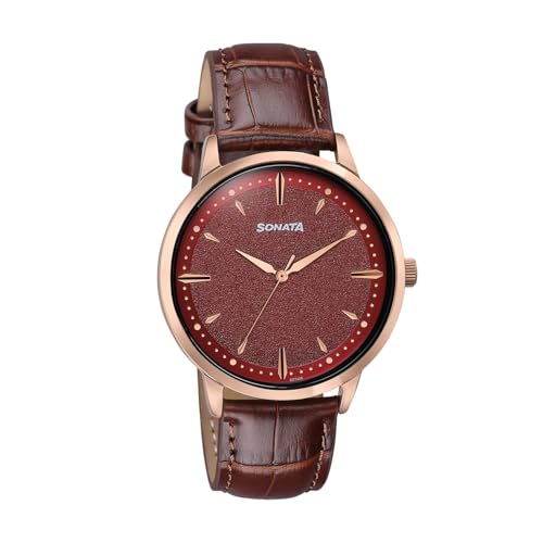 Image of Sonata Jashn with Quartz Analog Red Dial Brown Leather Strap Men's Wedding Watch - 77208WL01